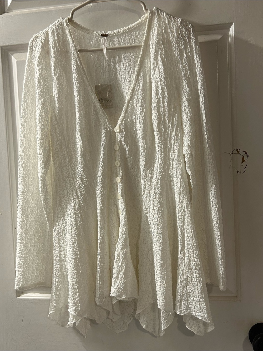 Free People Ivory Textured V-Neck Button Front Blouse